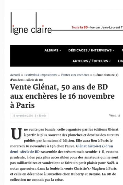 Ligne claire : « Vente Glénat, 50 ans de BD aux enchères »