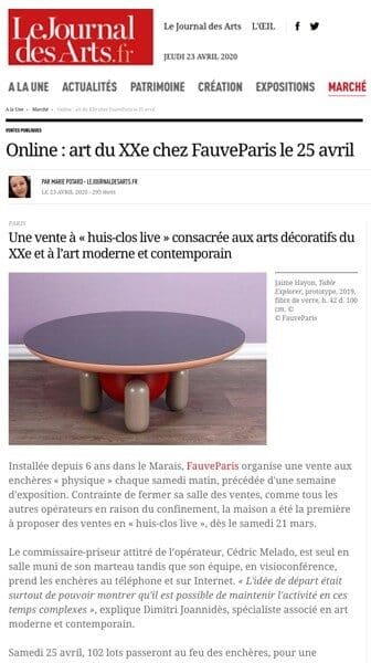 Le Journal des Arts annonce notre vente à huis-clos du 25 avril 2020