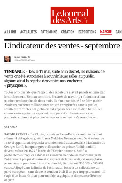Notre cabinet d’Augsburg en tête de l’indicateur des ventes du Journal des Arts