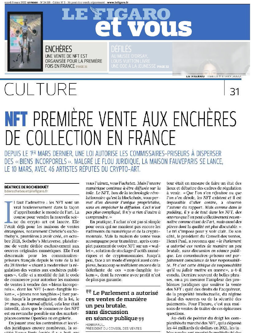 Le Figaro annonce notre « première vente de NFT de collection en France » –  FauveParis